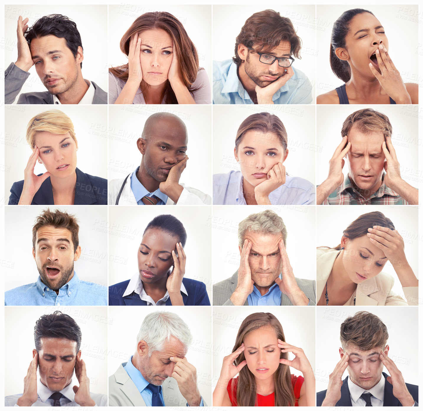 Buy stock photo Bored, face collage or tired people with stress, headache or depression in a community group or society. Profession headshot, migraine problems or mosaic of men or women isolated on white background 