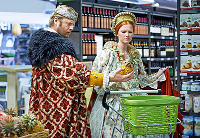 Buy stock photo Payment, confused and king with queen, shopping and increase with groceries and inflation with economy. Funny, royal couple and man with woman and service with decision or buying with store or choice