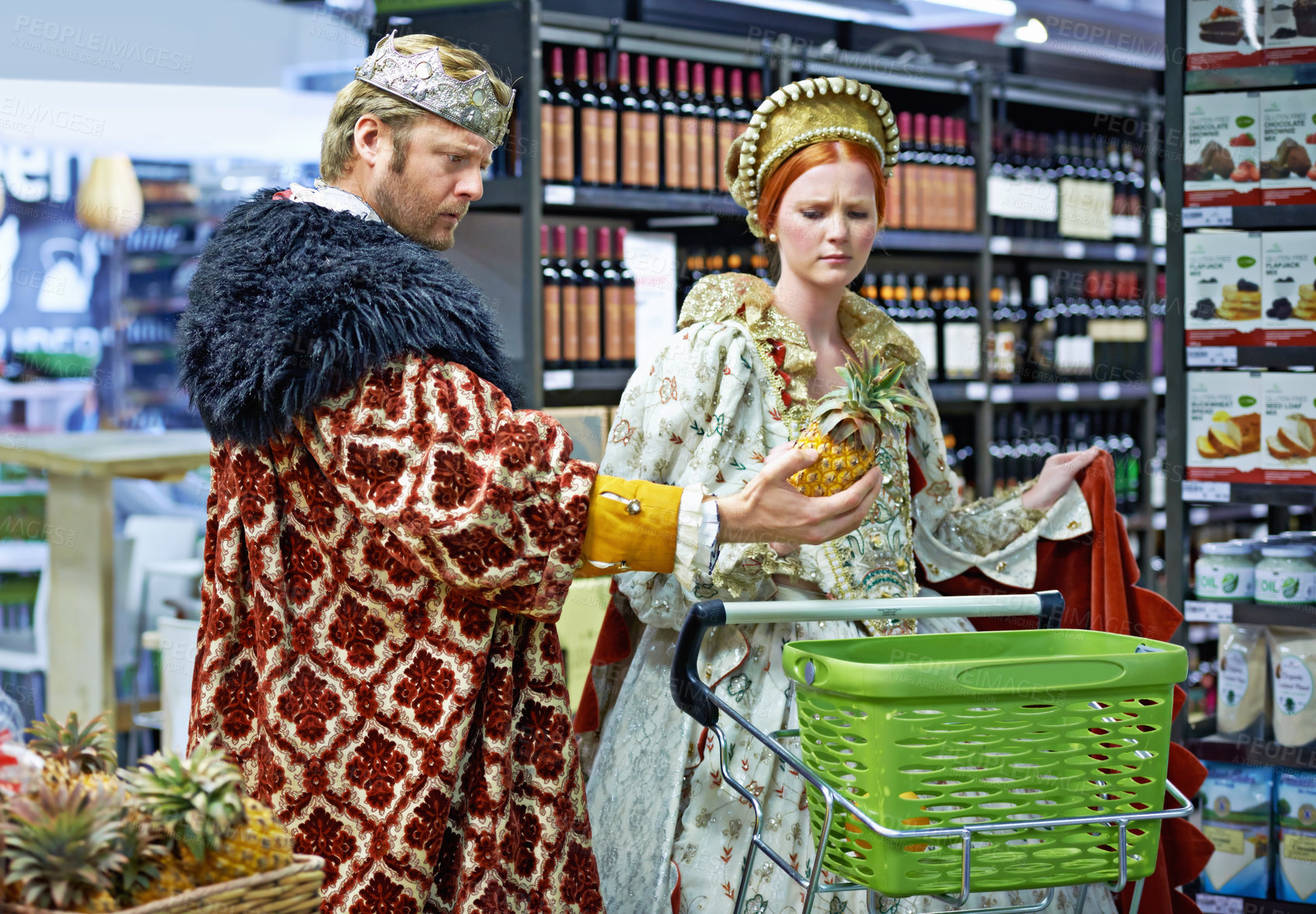 Buy stock photo Payment, confused and king with queen, shopping and increase with groceries and inflation with economy. Funny, royal couple and man with woman and service with decision or buying with store or choice