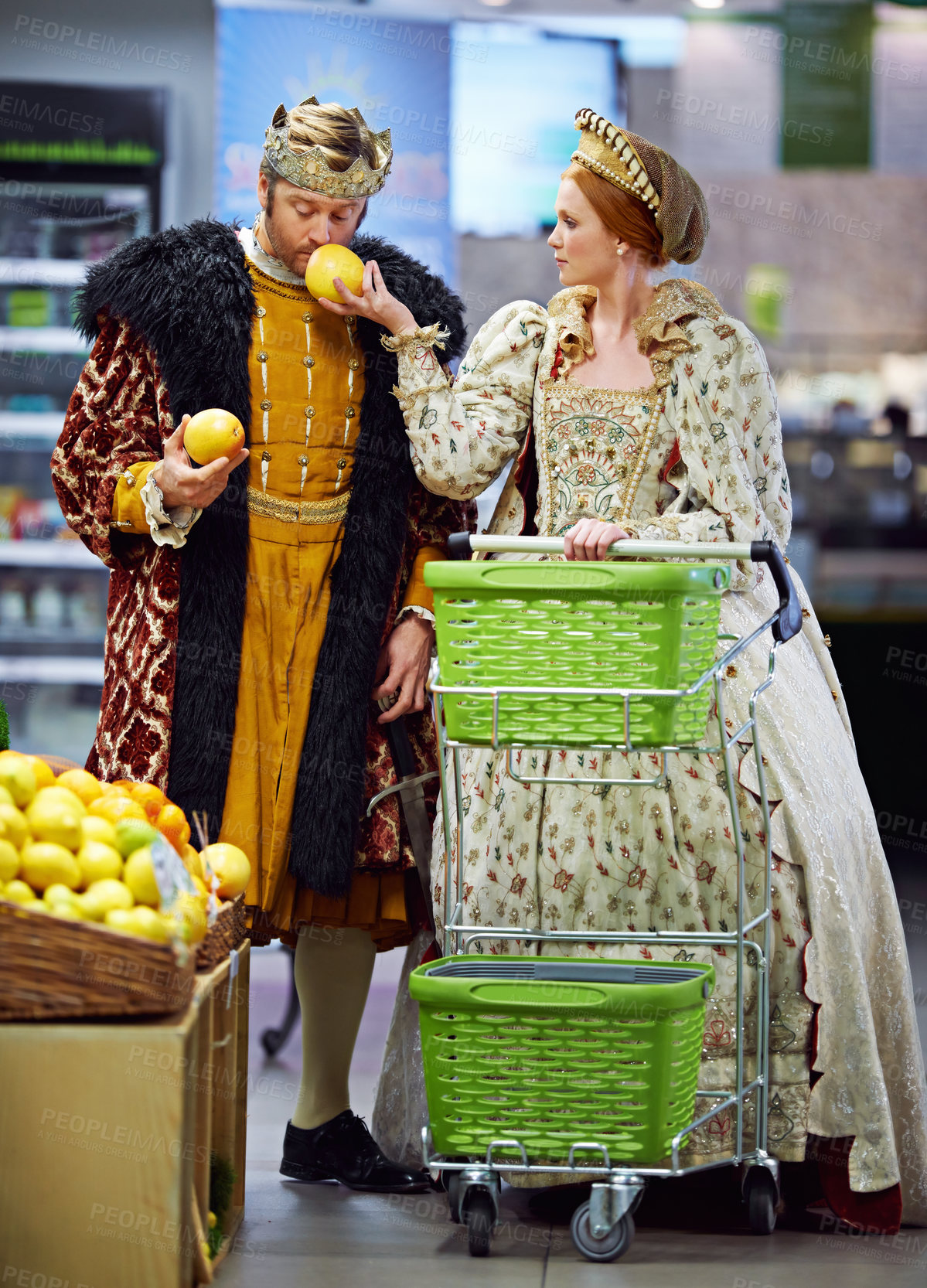 Buy stock photo Royal couple, supermarket and king with queen, conversation and shopping with increase. Smelling, store and man with woman and decision with inflation and choice with retail, groceries and product