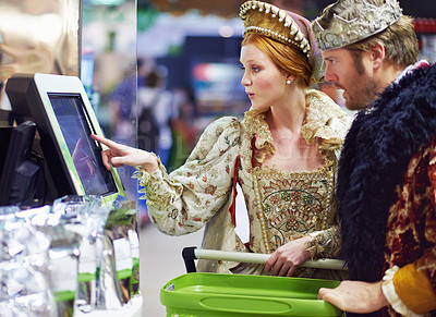 Buy stock photo Technology, surprise and king with queen, supermarket or crown with royal couple or shocked. Digital payment, man or woman with self checkout in store or reaction for price or inflation with increase