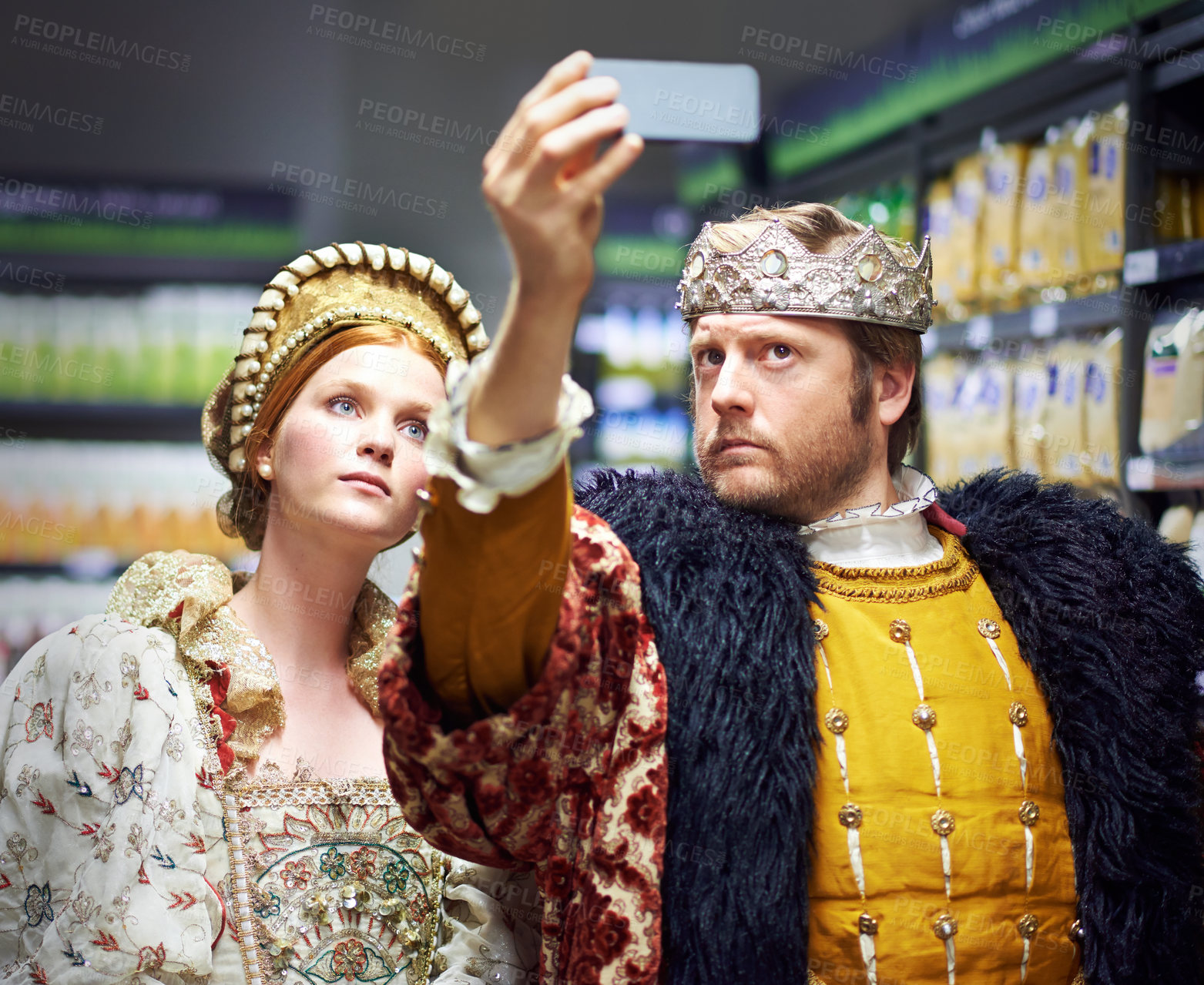 Buy stock photo Selfie, supermarket and king and queen in costume for social media, online post and internet memories. Medieval fashion, renaissance and people take picture in market, store and shop in royal outfit 