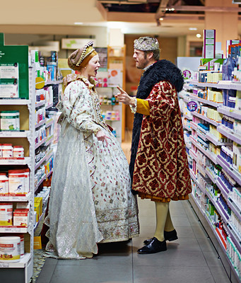 Buy stock photo Store, argument and king with queen, frustrated and conversation with reaction and inflation. Royal couple, man and woman with emotions or shopping with fighting or supermarket with increase or angry
