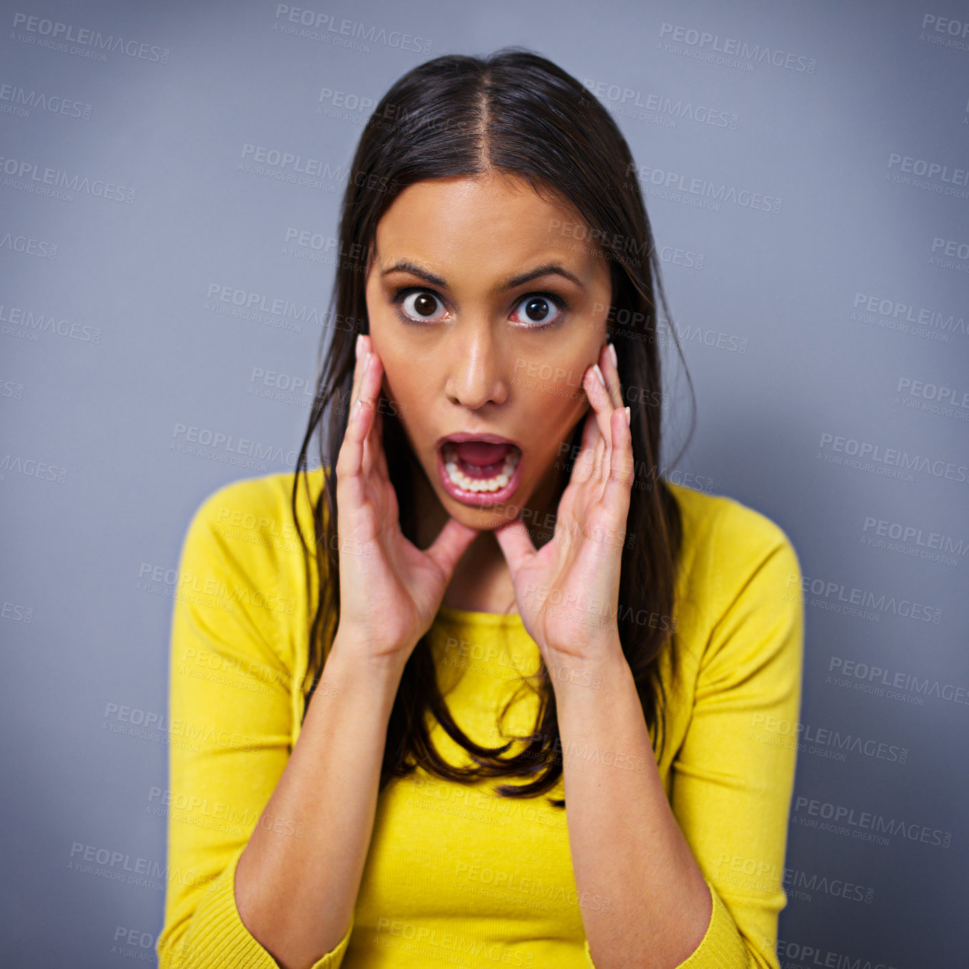 Buy stock photo Woman, shock and mouth open in studio portrait for news, gossip or announcement by blue background. Girl, person and model with surprise, wow or expression for drama with story, information or secret