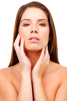 Buy stock photo Face, hands and skin with woman for beauty in studio, dermatology with wellness and shine on white background. Skincare, cosmetics and portrait with facial, glow and organic treatment for self care