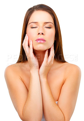 Buy stock photo Face, hands touching skin and woman for beauty in studio, dermatology with wellness and shine on white background. Skincare, cosmetics and peace with facial, glow and organic treatment for self care