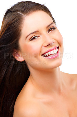 Buy stock photo Woman, portrait and hair with beauty, smile for keratin treatment and shine with cosmetic care on white background. Haircare, wellness and cosmetology for glow, self care and happiness in studio
