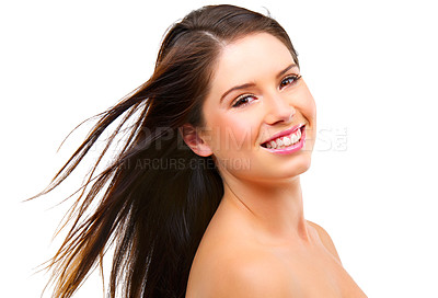 Buy stock photo Woman, happy in portrait and hair with beauty, shine and keratin shampoo with cosmetic care on white background. Haircare, wellness and cosmetology for glow, self care and salon treatment in studio