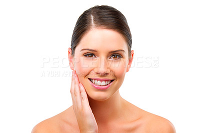 Buy stock photo Woman, portrait and hand touching skin, healthy glow and wellness for dermatology on white background. Skincare, cosmetics and facial for antiaging, smooth and soft with smile in studio for beauty