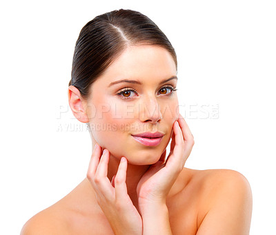 Buy stock photo Woman, portrait and hands touching skin, healthy glow and wellness for dermatology on white background. Skincare, cosmetic facial and antiaging, smooth and soft with self care in studio for beauty