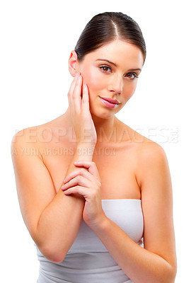 Buy stock photo Portrait, skincare and shine with woman, beauty and dermatology isolated on white studio background. Face, person and model with cosmetics and grooming routine with wellness or glow with healthy skin