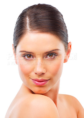 Buy stock photo Woman, face and skin for natural beauty, healthy glow and wellness for dermatology isolated on white background. Skincare, cosmetic facial and antiaging, clean in portrait and self care in studio