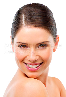 Buy stock photo Happy woman, face and skin for natural beauty, healthy glow and wellness for dermatology on white background. Skincare, cosmetic facial and antiaging, clean in portrait and self care in studio