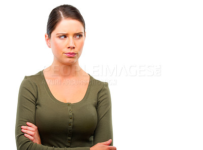 Buy stock photo Confused, thinking and woman with arms crossed in studio for brainstorming solution on white background. Idea, doubt and female model with why, questions or planning, suspicious or uncertain gesture
