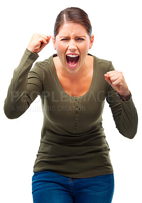 Buy stock photo Studio shot of a young woman shouting in anger isolated on white