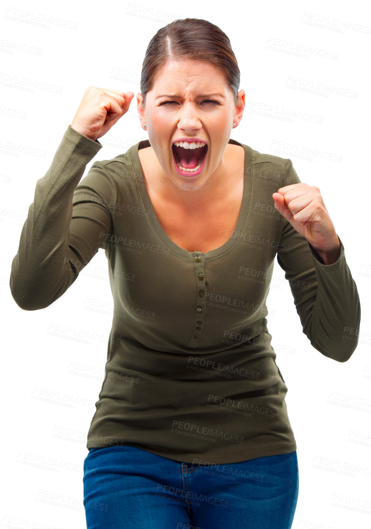 Buy stock photo Studio shot of a young woman shouting in anger isolated on white