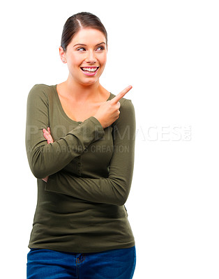 Buy stock photo Woman, smile and point with space in studio for mockup, promotion and decision by white background. Girl, person and model with choice, show and sign for review, feedback and happy with thinking
