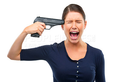 Buy stock photo Depression, gun or angry woman shouting in studio for stress, warning or mental health crisis on white background. Temple, weapon or lady model scream with anxiety, overthinking or self harm disaster