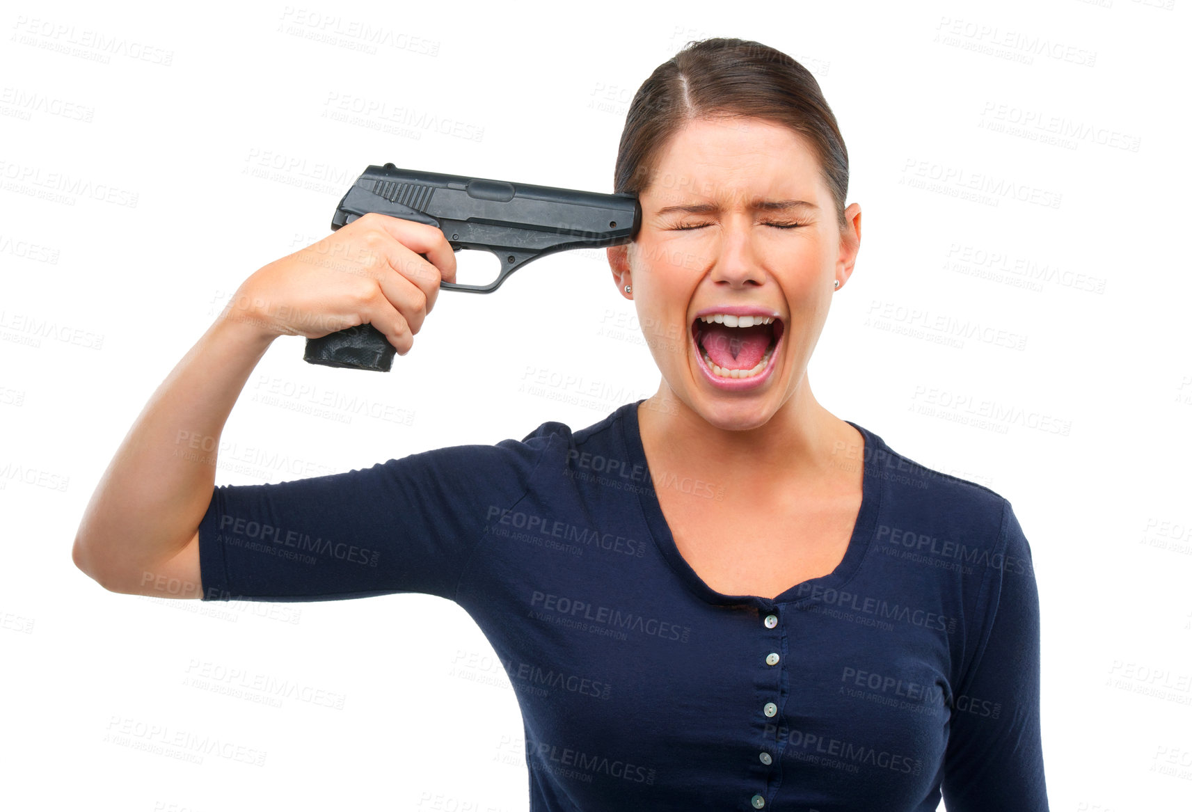 Buy stock photo Depression, gun or angry woman shouting in studio for stress, warning or mental health crisis on white background. Temple, weapon or lady model scream with anxiety, overthinking or self harm disaster