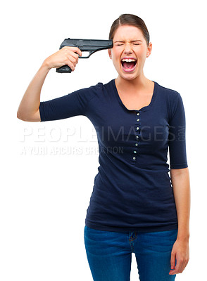 Buy stock photo Gun, depression or angry woman shouting in studio for stress, warning or mental health crisis on white background. Temple, weapon or lady model scream with anxiety, overthinking or self harm disaster