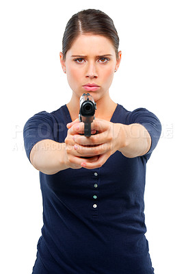 Buy stock photo Woman, portrait and point gun in studio for safety or security, risk and protection against threat for danger. Female person, serious and weapon or pistol for shooting, isolated and white background.