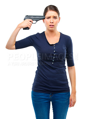 Buy stock photo Depression, gun or portrait of sad woman in studio for stress, warning or mental health crisis on white background. Temple, weapon or lady model frown with anxiety, overthinking or self harm disaster