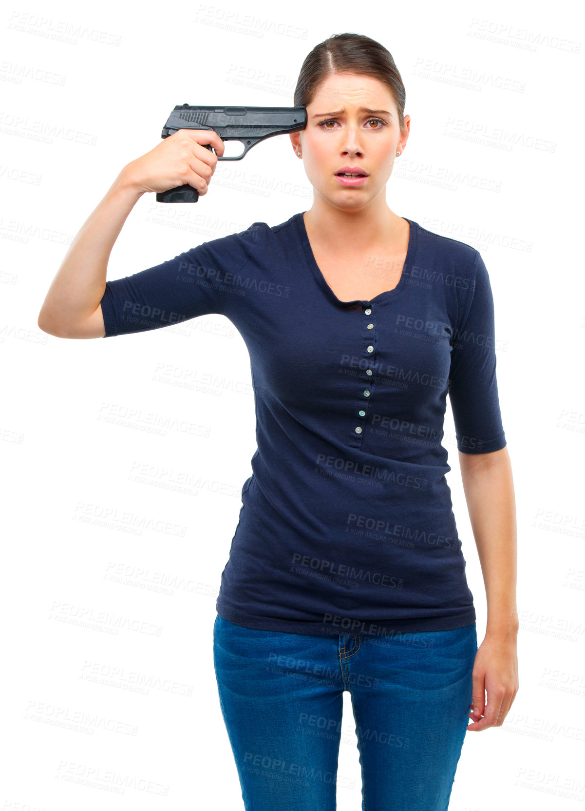 Buy stock photo Depression, gun or portrait of sad woman in studio for stress, warning or mental health crisis on white background. Temple, weapon or lady model frown with anxiety, overthinking or self harm disaster