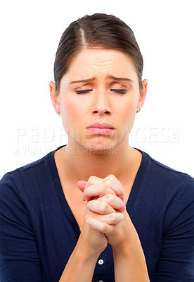 Buy stock photo Praying, hands and sad woman in studio with prayer for hope, help or solution on white background. Pray, worship and female model with praise for stress, anxiety or support,  grace or faith in God