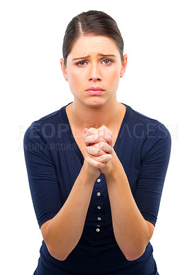 Buy stock photo Praying, hands or portrait of sad woman in studio with prayer for hope, help or solution on white background. Pray, worship or model with praise for stress, anxiety or support,  grace or faith in God