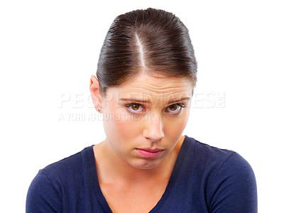Buy stock photo Studio shot of a young woman looking ashamed isolated on white