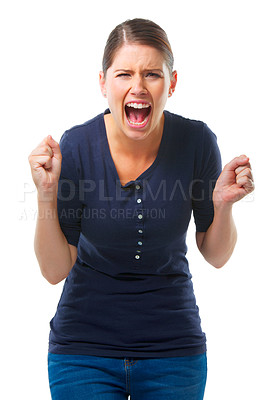 Buy stock photo Angry, screaming and portrait of woman in studio with stress, disaster or mistake on white background. Anxiety, overthinking and female model shout for mental health crisis, fear or conflict trauma