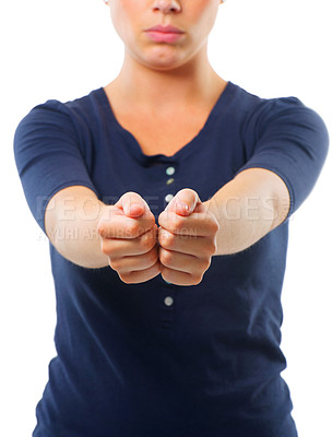 Buy stock photo Woman, arms together and studio for handcuff, criminal and guilty for arrested, crime and illegal. Young person and isolated with hand forward for corrupt, surrender and prisoner on white backdrop   