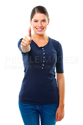 Buy stock photo Happy, woman and portrait with thumbs up in studio for support, like or agreement on white background. Face, smile and female model with emoji Ok hand, yes, or thank you, feedback or vote motivation