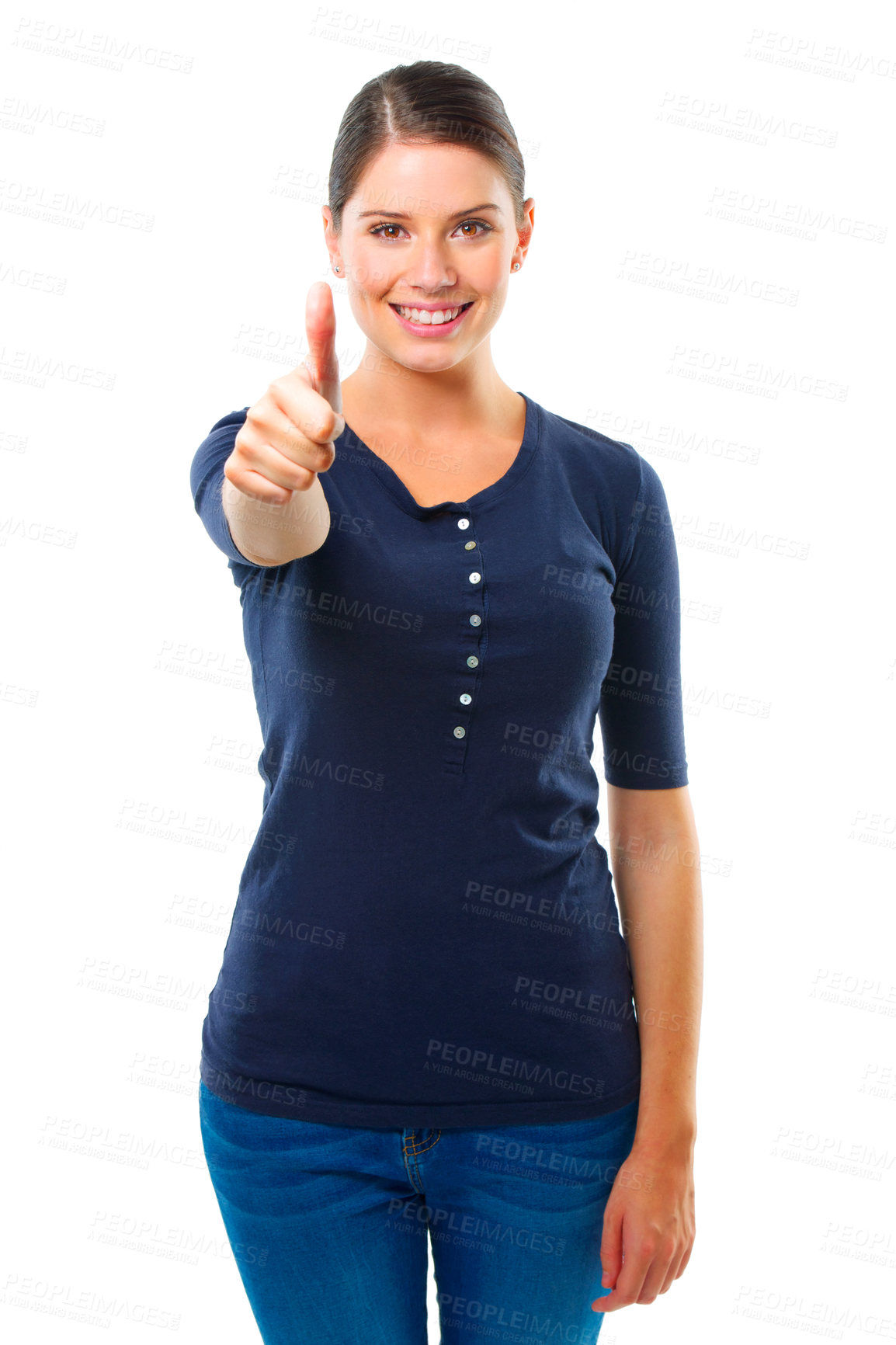 Buy stock photo Happy, woman and portrait with thumbs up in studio for support, like or agreement on white background. Face, smile and female model with emoji Ok hand, yes, or thank you, feedback or vote motivation