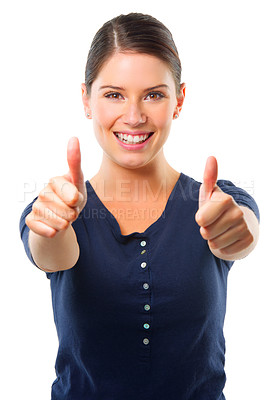 Buy stock photo Woman, happy and portrait with thumbs up in studio for support, like or agreement on white background. Face, smile and female model with emoji Ok hand, yes, or thank you, feedback or vote motivation