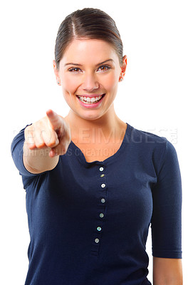 Buy stock photo Happy, woman or portrait with hand pointing at you in studio for winner, choice or invitation on white background. Face, smile and female model with emoji, vote or hey sign for calling or attention