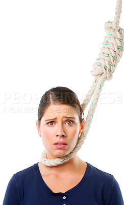 Buy stock photo Woman, portrait and rope on neck in studio for struggle or trapped, crisis and helplessness with risk. Female person, noose and scared with fear for rescue, distress and isolated on white background.