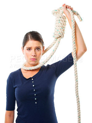 Buy stock photo Girl, portrait and rope on neck in studio for struggle or trapped, crisis and helplessness with risk. Female person, noose and scared with fear for rescue, distress and isolated on white background.