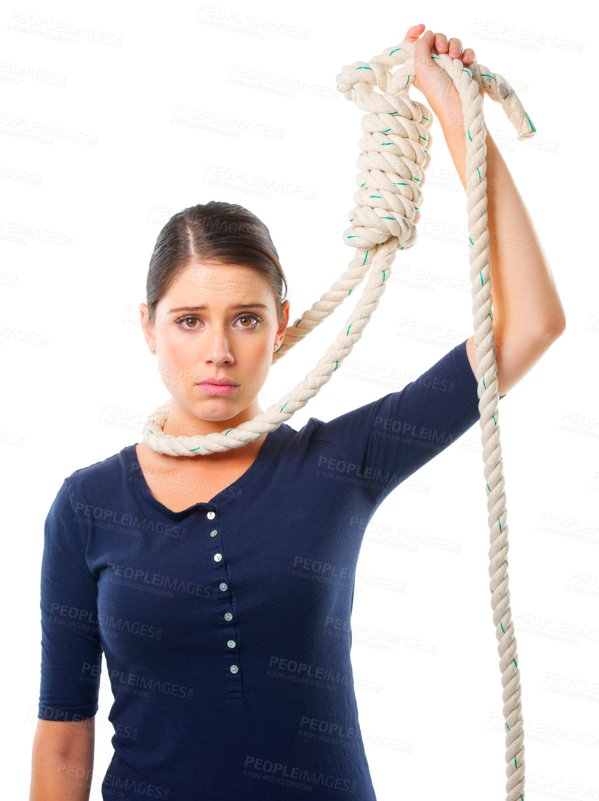 Buy stock photo Girl, portrait and rope on neck in studio for struggle or trapped, crisis and helplessness with risk. Female person, noose and scared with fear for rescue, distress and isolated on white background.