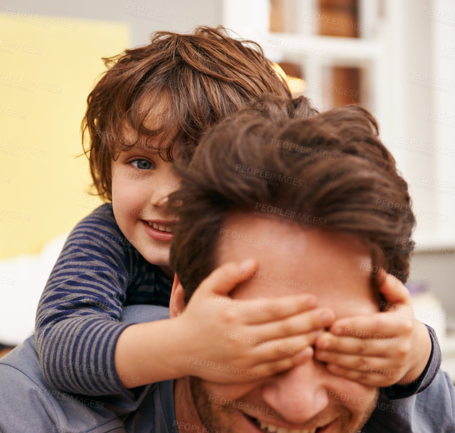 Buy stock photo Boy, father and play for covering, eyes with hands and fun or joy at family home together. Child, dad and smile with love, care and house for bonding and parenting with responsibility in bedroom