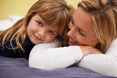 Buy stock photo Home, mother and girl portrait in bed with love, support and bonding together with a smile. Happy, family and child with mom in the morning in a kids bedroom with relax youth in house with parenting