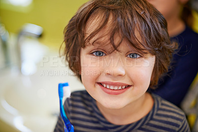 Buy stock photo Boy, portrait or child in home brushing teeth with smile for development morning routine in bathroom. Face, learning or happy kid cleaning mouth with toothbrush for dental or oral health for wellness
