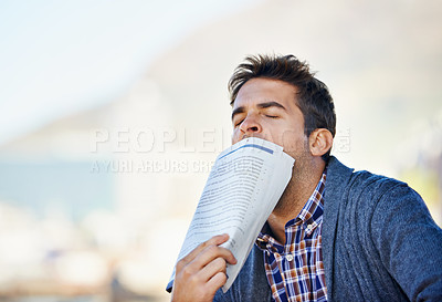 Buy stock photo Unemployment, newspaper and man tired in outdoor for search, job hunting and stress. Article, thinking and male person for frustrated, exhausted and disappointed with lack of employment opportunity