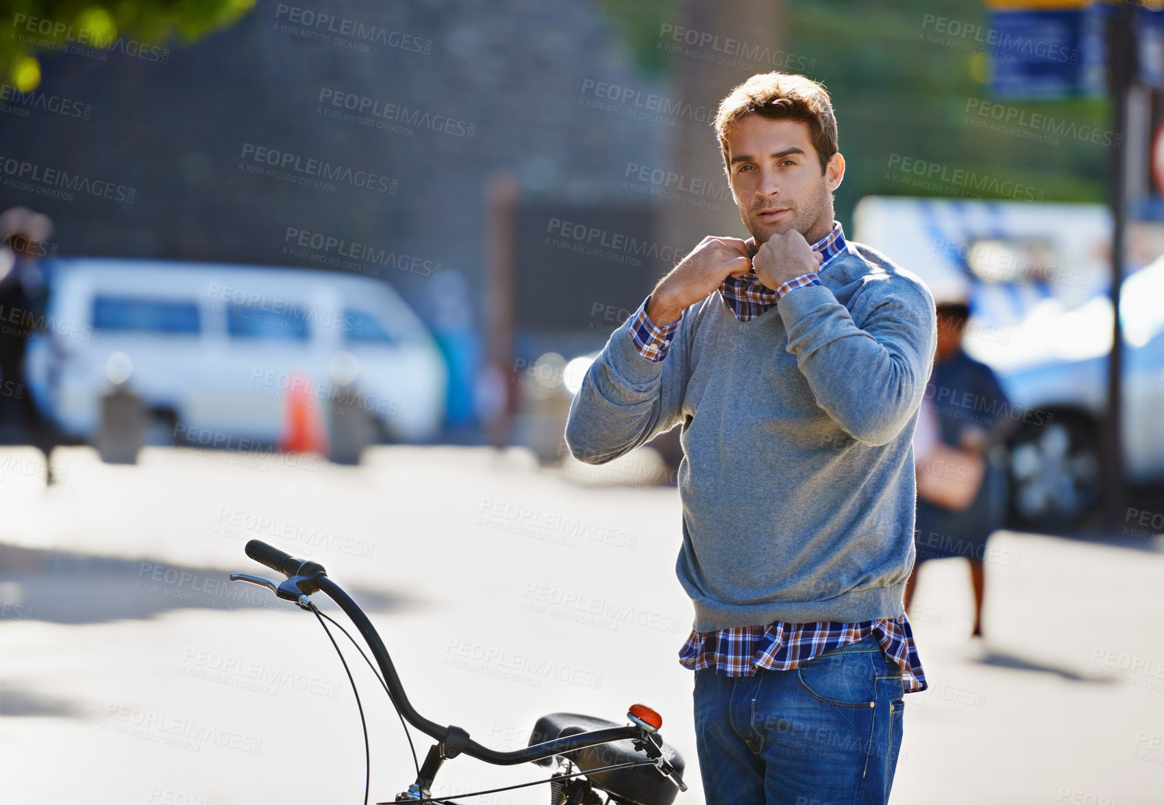 Buy stock photo City, travel and portrait of man with bicycle for adventure, sightseeing and journey on vacation. Mockup, holiday and male person with bike for eco friendly transport, weekend and tourism in Italy