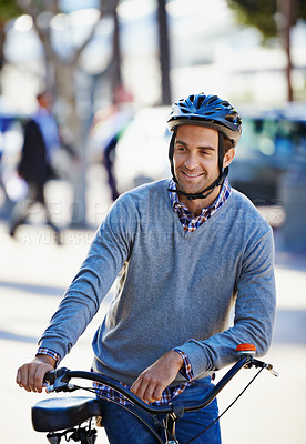 Buy stock photo City, smile and man with bike for travel, weekend adventure and eco friendly transport on vacation. Happy, male person and holiday break with bicycle for sightseeing, journey and tourism in Italy