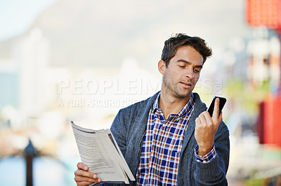 Buy stock photo Smartphone, newspaper and man in outdoor for hiring, interview or call. Newsletter, waiting and male person with cellphone for recruitment, conversation or discussion for employment opportunity 