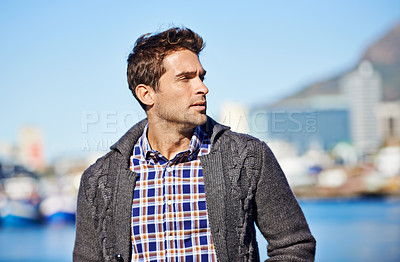 Buy stock photo Harbor, ideas and man on travel for vacation, adventure or holiday with memory or reflection. Thinking, outdoor and male person by sea port on weekend trip in Cape Town with planning face expression.