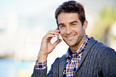 Buy stock photo Man, phone call and outdoor for portrait with smile, listen and communication on mobile network. Person, smartphone and contact in summer on street, sidewalk and city for conversation in Cape Town