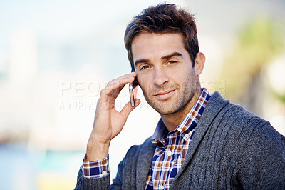Buy stock photo Man, phone call and outdoor for portrait with communication, listening and mobile networking. Person, smartphone and contact in summer on urban street, sidewalk or city for conversation in Cape Town