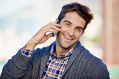 Buy stock photo Man, phone call and outdoor for portrait, happy and listen for communication on mobile network. Person, smartphone and contact in summer on street, sidewalk and city for conversation in Cape Town